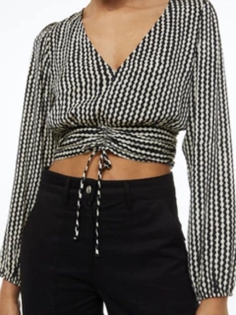 H&M Cropped Long-Sleeve Drawstring V-Neck Top - Black & White